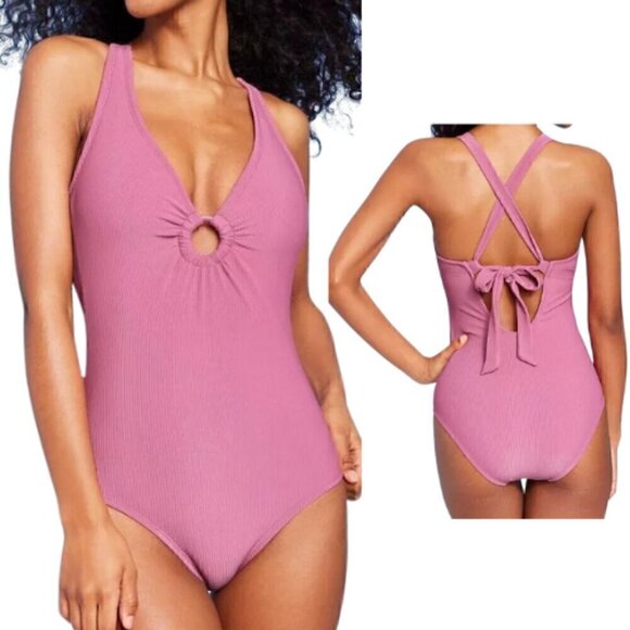 102.🆕Small Shade & Shore Ribbed Plunge Ring Detail One Piece Swimsuit (4-6) NWT - Picture 1 of 4